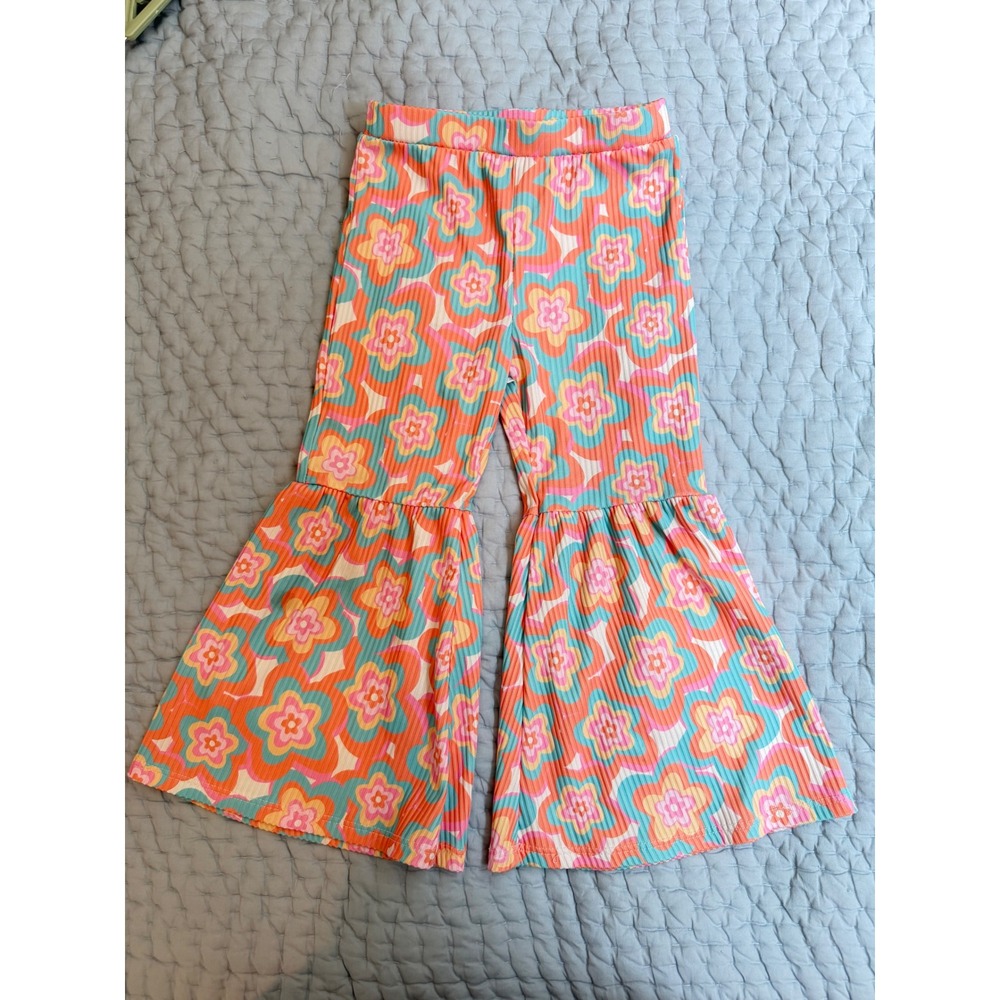 Peek Kids Toddler Girls Retro Floral Ribbed Bell Bottom Flare Pants 2T Groovy